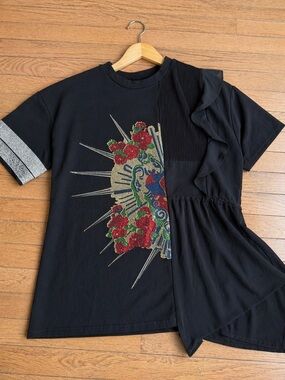 AKIRA Black Rhinestone Sacred Heart Asymmetrical Ruffle Top Edgy Y2K